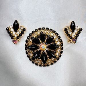 Mid‑Century Black Navette Brooch & Earring Set with AB Center, Gold‑Tone